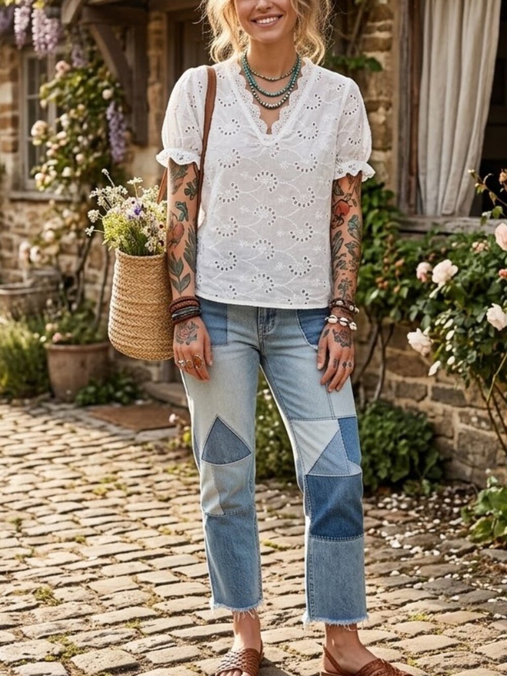 CHOUYATOU White Eyelet Broderie Anglaise Lace Top Ruffled Sleeves Cottagecore